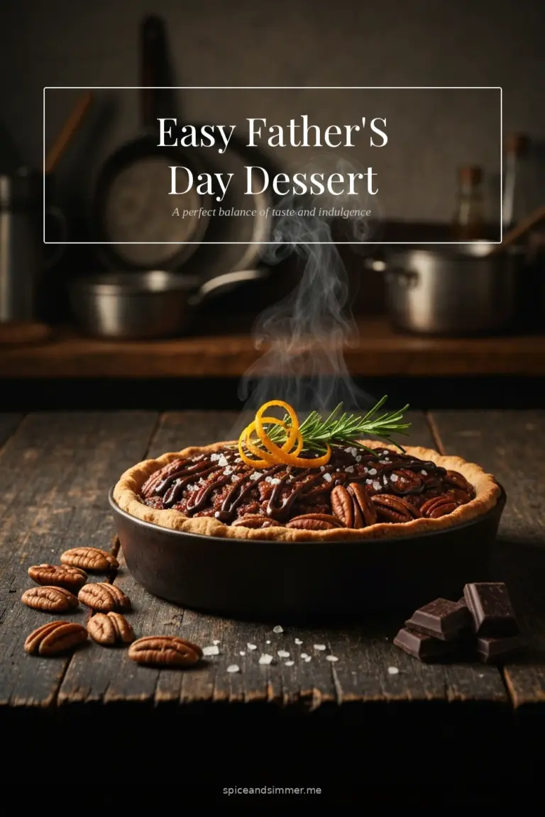 Tasty Father'S Day Dessert bourbon pecan pie served on a white ceramic plate with a dollop of cream.