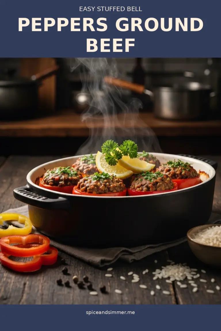 Tasty Stuffed Bell Peppers Ground Beef served on a white ceramic plate with a side of greens.